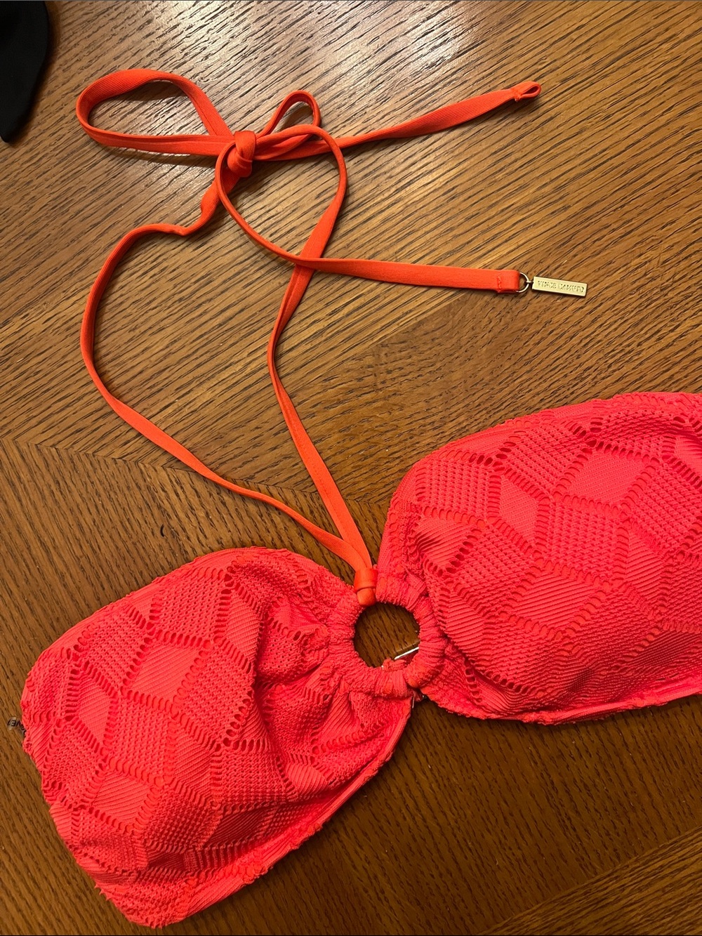 Textured Ring Bandeau Bikini Top - Coral Red  Size Large B42
